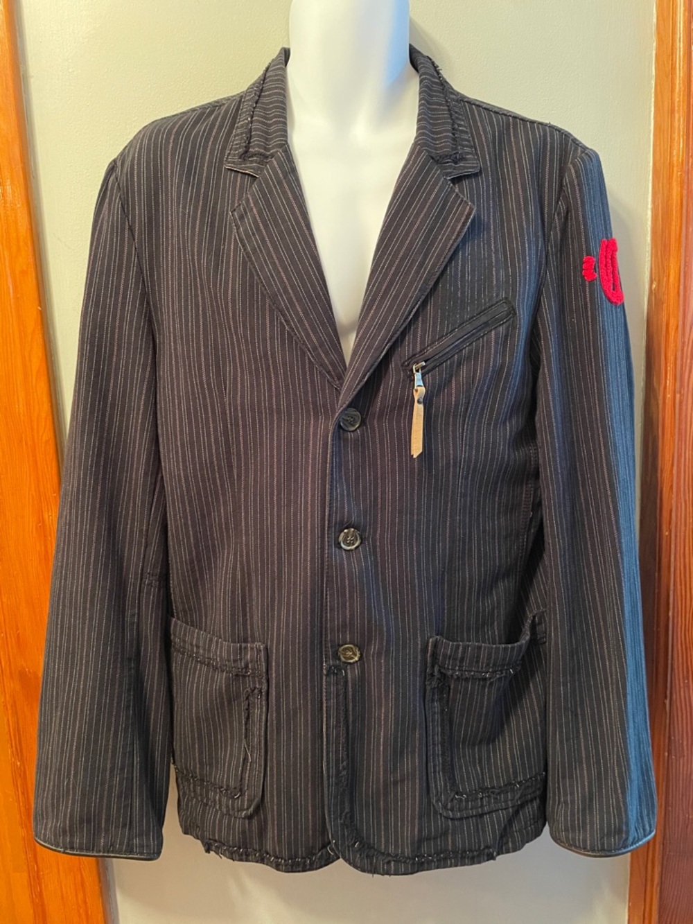 LEE COOPER Navy Pinstripe Rough Hem Urban Streetwear Patch Detail Men’s Blazer